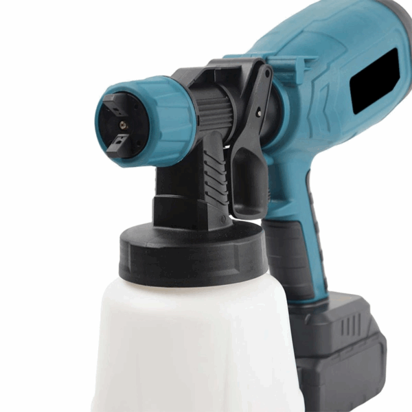 Modrá bezdrátová elektická stříkací pistole s bílou nádobkou na barvu, určená pro malování a nátěry.