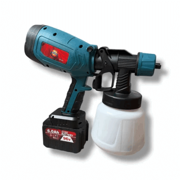 Modrá aku stříkací pistole s bílým zásobníkem a černou baterií 96V/6.0Ah, určená pro malování a lakování.