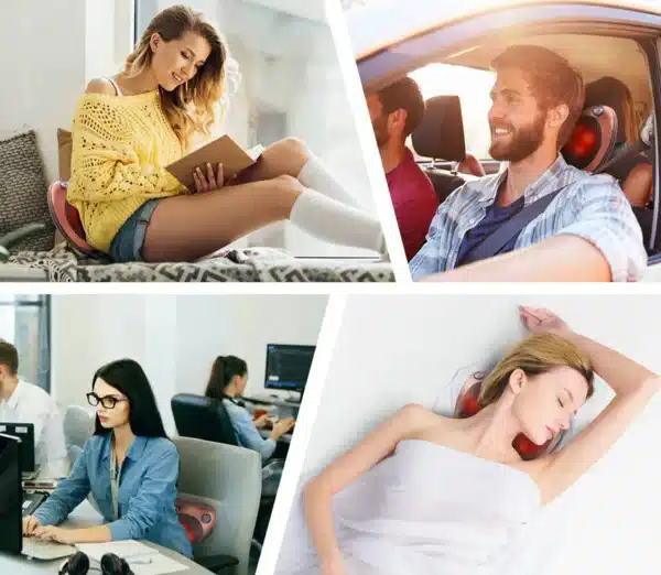 Čtyři scény s lidmi v různých situacích – čtení, jízda autem, práce na počítači a odpočinek – s červenými náhlavními soupravami v každém záběru.