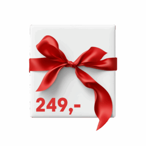Bílý dárkový box s červenou mašlí a číslem 249,- v červené barvě, symbolizující speciální nabídku nebo cenový štítek.
