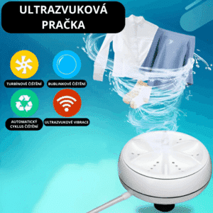 Ultrazvuková pračka s bílým tělem a čtyřmi ikonami znázorňujícími její funkce jako turbínové čištění, bubinkové čištění, automatický cyklus a ultrazvukové vibrace, obklopená dynamickým vodním vířením a oblečením.