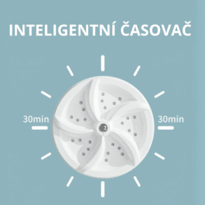 Grafické znázornění inteligentního časovače s bílým kolečkem rozděleným na 4 segmenty s tečkami, uprostřed modro-šedého pozadí s nápisem "Inteligentní časovač" a vyznačením 30 minut na obou stranách.