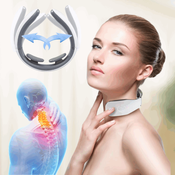 Žena s krčnou ortézou vedle počítačového modelu lidské páteře znázorňujícího bolest a anatomii krční páteře, prezentující technologické řešení pro léčbu krčních potíží.