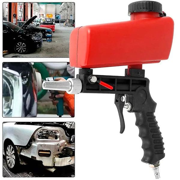 Pneumatická stříkací pistole s červeným zásobníkem určená pro lakování automobilů, zobrazená spolu s detaily karoserie a automobilového servisu.