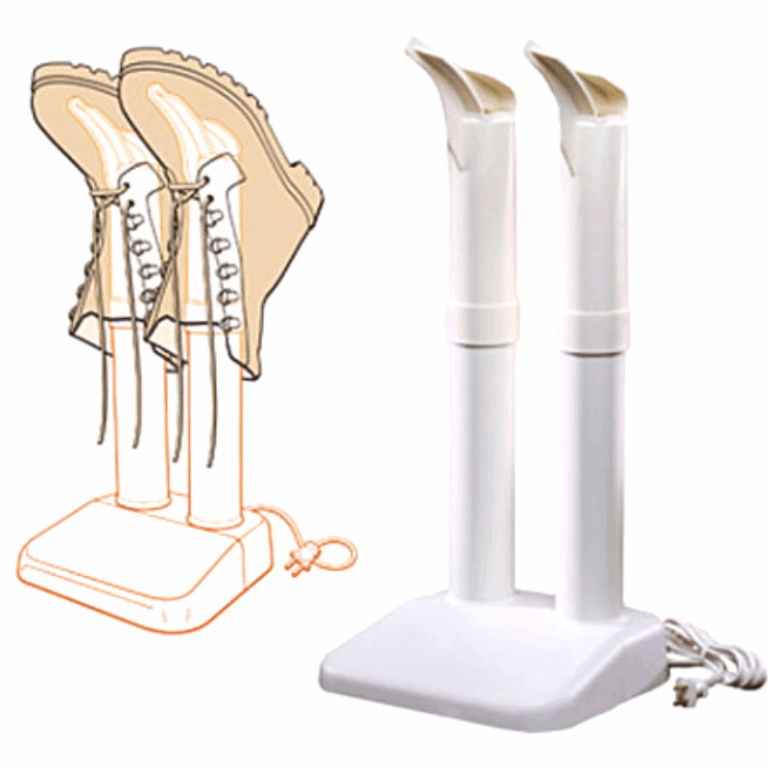 Elektrický osvěžovač vzduchu nebo odpařovač s bílou základnou a dvěma válcovitými rameny, zobrazen vedle jednoduché technické kresby téhož zařízení.