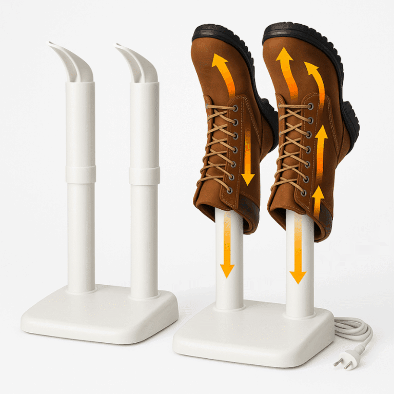 Elektrický sušič bot s bílými stojany a hnědými koženými botami, který ukazuje směr proudění teplého vzduchu pomocí oranžových šipek.