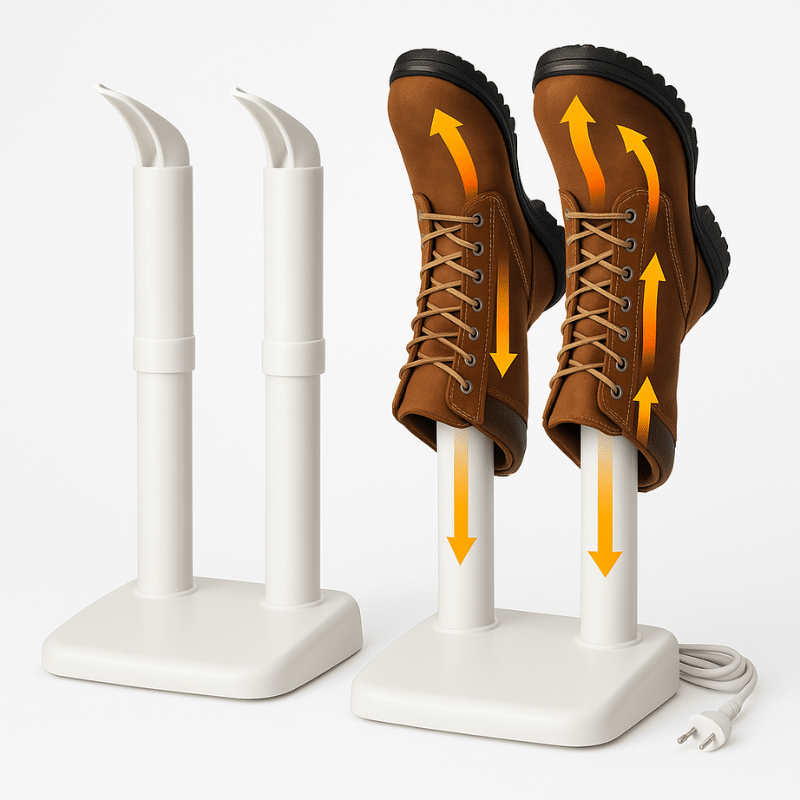Elektrický sušič bot s bílými stojany a hnědými koženými botami, který ukazuje směr proudění teplého vzduchu pomocí oranžových šipek.