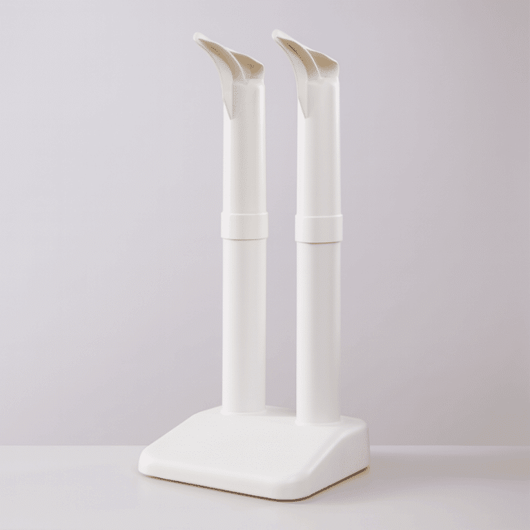 Dva bílé kosmetické štětce nebo nástroje ve vertikální poloze, umístěné na čtvercové bílé podstavě s jemným světlým pozadím.