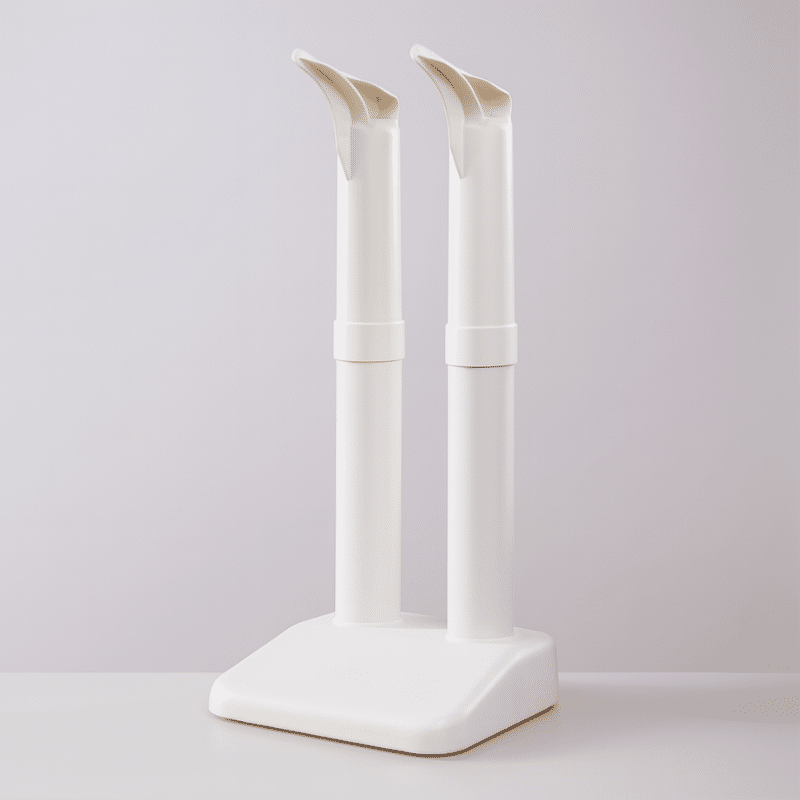 Dva bílé kosmetické štětce nebo nástroje ve vertikální poloze, umístěné na čtvercové bílé podstavě s jemným světlým pozadím.