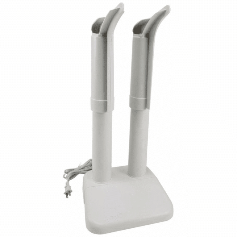 Elektrický stojan na sušení a tvarování bot s dvěma trubicemi a napájecím kabelem, v šedé barvě.