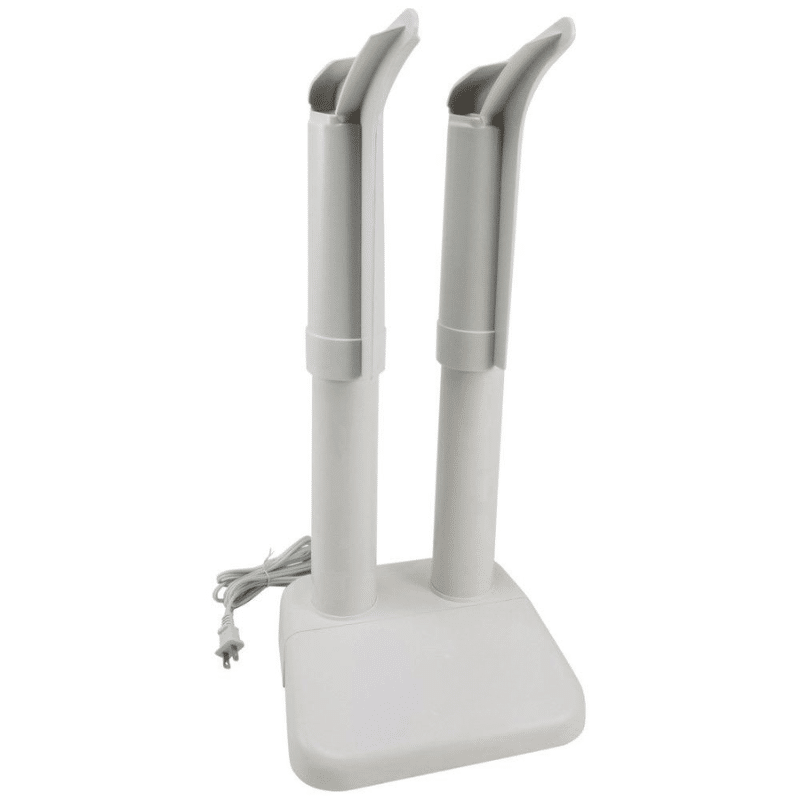 Elektrický stojan na sušení a tvarování bot s dvěma trubicemi a napájecím kabelem, v šedé barvě.