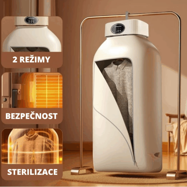 Bílý přístroj na sterilizaci a sušení oblečení se dvěma provozními režimy, zobrazující bezpečnostní a sterilizační funkce zařízení v teplých hnědých tónech.