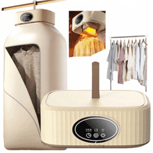 Multifunkční sušička prádla v béžové barvě s digitálním displejem, určená k rychlému a šetrnému sušení oblečení pomocí teplého vzduchu.