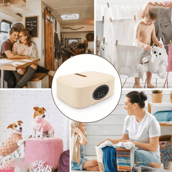 Koláž šesti scén zobrazujících rodinný život a péči o domácnost, uprostřed s bílou elektronickou pomůckou, obklopená obrázky párů, dětí, domácích mazlíčků a domácích prací.