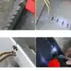 Postup opravy díry v pneumatice pomocí speciální sady na dočasnou opravu - zavedení těsnicího provázku do propíchnutého místa a jeho utěsnění.