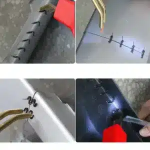 Postup opravy díry v pneumatice pomocí speciální sady na dočasnou opravu - zavedení těsnicího provázku do propíchnutého místa a jeho utěsnění.