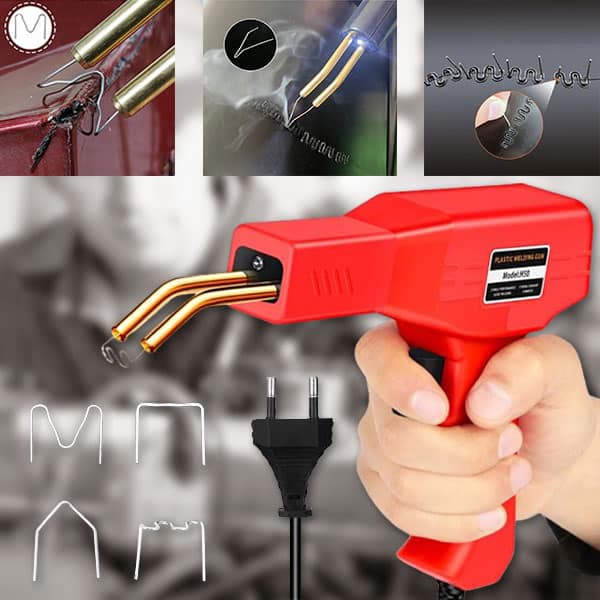 Červená svařovací pistole s kovovým hrotem a elektickou zástrčkou, zobrazená s detaily svařovacích technik a různými kovovými spojeními v pozadí.