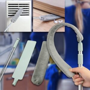 Teleskopický čisticí kartáč s výměnnými textilními nástavci určený pro úklid obtížně dostupných míst, jako jsou ventilační mřížky, štěrbiny a rohy.