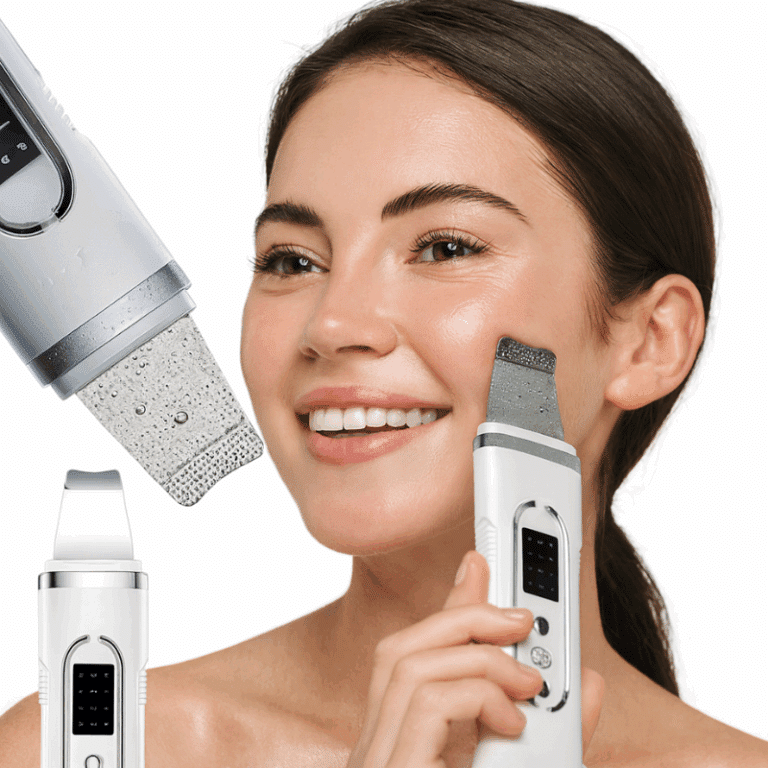 Žena s úsměvem používá ultrazvukovou škrabku na obličej, kosmetický přístroj pro čištění pleti s digitálním displejem v bílé barvě.