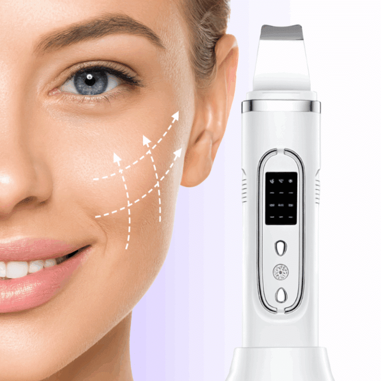 Bílý kosmetický přístroj s digitálním displejem vedle části obličeje se šipkami znázorňujícími vyhlazení pleti a omlazení.