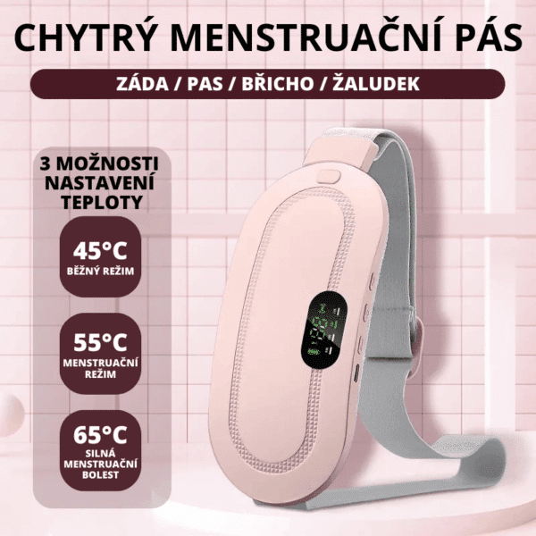 Chytrý menstruační pás v béžovo-šedém provedení s digitálním displejem, nabízející tři teplotní nastavení pro úlevu od menstruačních bolestí od 45°C do 65°C.