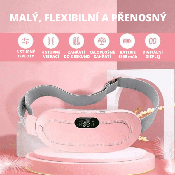 Růžový a šedý elektrický masážní pás s digitálním displejem, nabízející 3 stupně teploty a 4 stupně vibrací, s baterií 1800 mAh a rychlým zahřátím do 3 sekund.