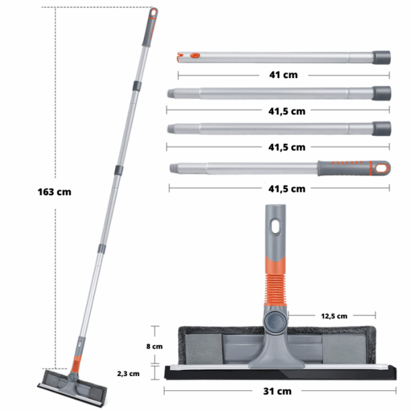 Teleskopická podlahová mop s nastavitelnou délkou 163 cm, skládající se z několika segmentů a širokým mopovacím nástavcem s rozměry 31 cm a měkkým hadříkem.