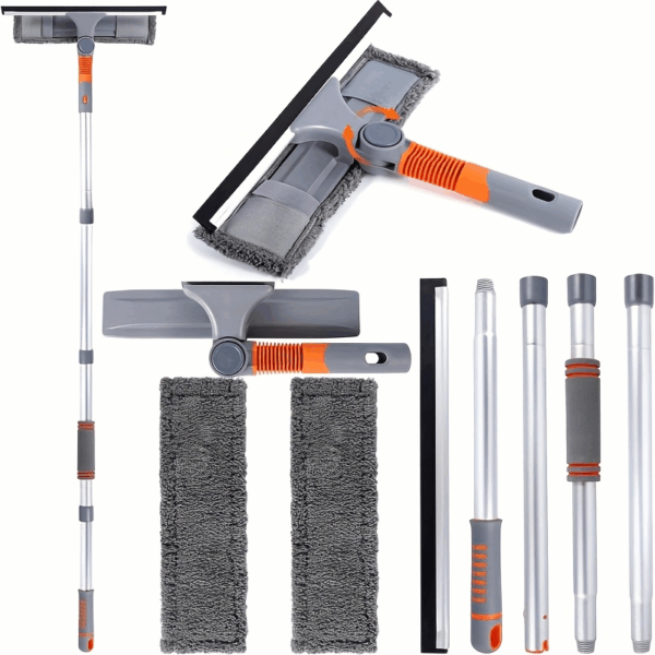 Sada na mytí oken s teleskopickou tyčí, stěrkou a dvěma čisticími pady v šedo-oranžovém barevném provedení, určená pro snadné a pohodlné mytí oken a skleněných povrchů.