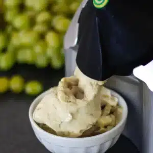 Zmrzlovač vyrábějící čerstvou zmrzlinu do malé bílé misky, v pozadí rozmazané zelené grepy nebo olivy.